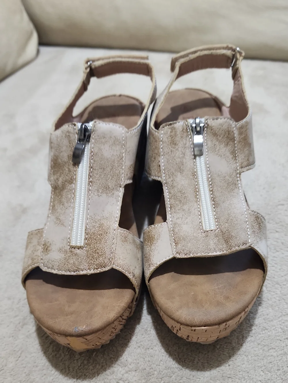 NWT.Taupe Studded Wedge Slide Sandals with Zip Detail - Women